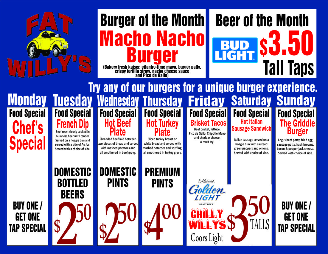 Custom menu printed for Fat Willy's